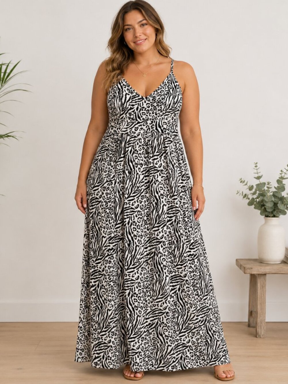 Tart Limited Animal Print Maxi Dress Women's Size L Black White Spaghetti Strap